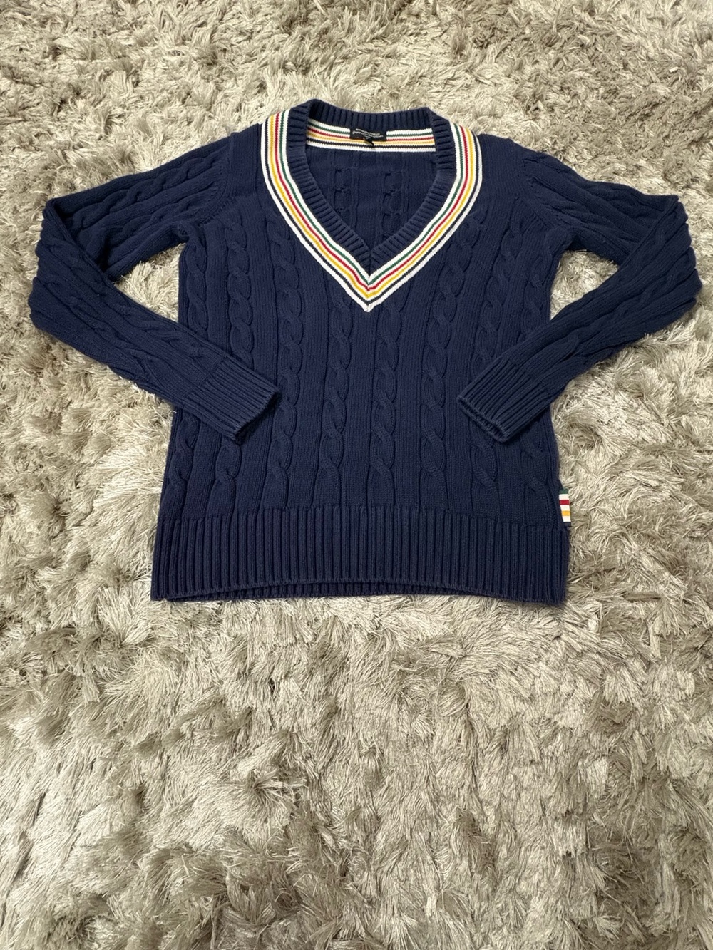 Hudson Bay Navy Cable Knit V-Neck Sweater with Striped Trim